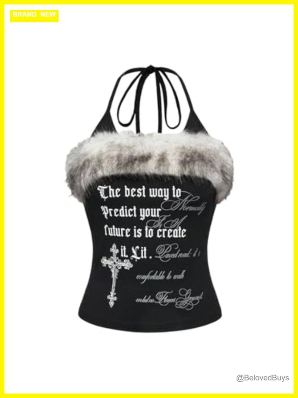 Y2K Goth Fuzzy Halter Crop Top Cross Print Backless Grunge Emo Shirt